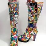 Sold - Hand Painted Knee High Boots Be A Pop-art..